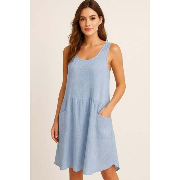 Flax By Jeanne Engelhart Blue Sleeveless Linen Tunic Dress W/ Pockets Womens M - Picture 1 of 7